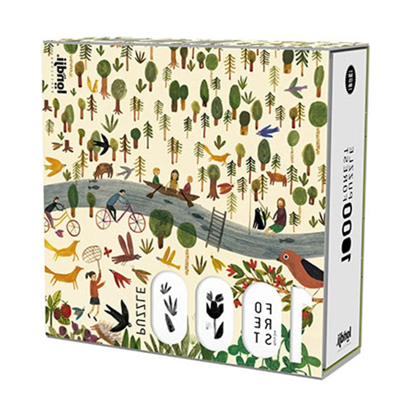 Seitenansicht der Puzzlebox Forest 1000 Puzzle: dieselbe Wald-Illustration mit Fluss, Kanufahrern, Radfahrern, spielenden Menschen, Bäumen und Tieren wie Fuchs, Vögel und Rehe, auf hellem Hintergrund.