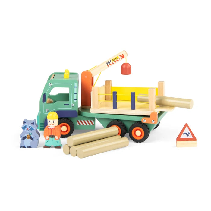 Forstlastwagen aus Holz für Kinder - Holz wird gerade auf den Anhänger aufgeladen