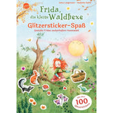 Cover des Stickerbuchs „Frida, die kleine Waldhexe – Glitzersticker-Spaß“ mit bunter Illustration von Frida im Hexenwald, Tieren und über 100 Glitzerstickern.