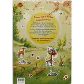 Rückseite des Stickerbuchs mit Beschreibung: Einladung in Fridas magische Welt mit Zaubertränken, Picknick im Wald und Flug auf dem Besen.