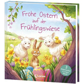 Buchcover: Titel „Frohe Ostern auf der Frühlingswiese“, zeigt einen Hasen, zwei Lämmer und Küken zwischen bunten Ostereiern und Frühlingsblumen – ein fröhliches Sammelband-Cover.