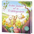 Buchcover: Titel „Frohe Ostern auf der Frühlingswiese“, zeigt einen Hasen, zwei Lämmer und Küken zwischen bunten Ostereiern und Frühlingsblumen – ein fröhliches Sammelband-Cover.