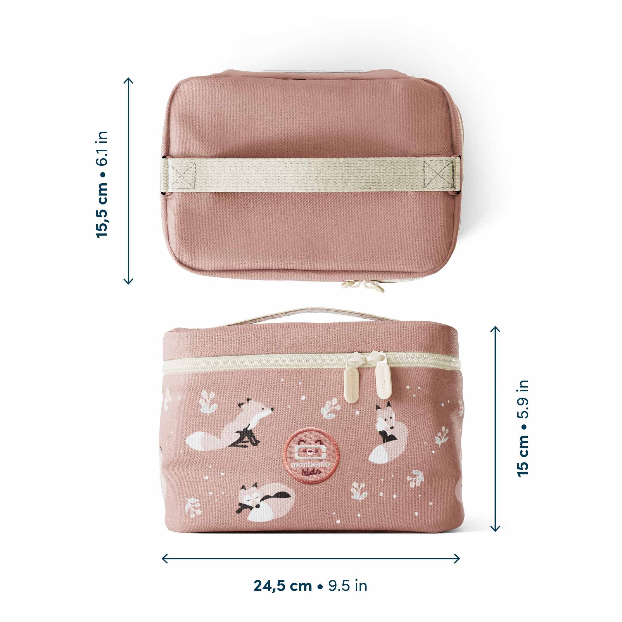 Maße der MonBento Frosty Füchse Lunchbox – isolierte Kinder Jausenbox in handlicher Größe, ideal für unterwegs.