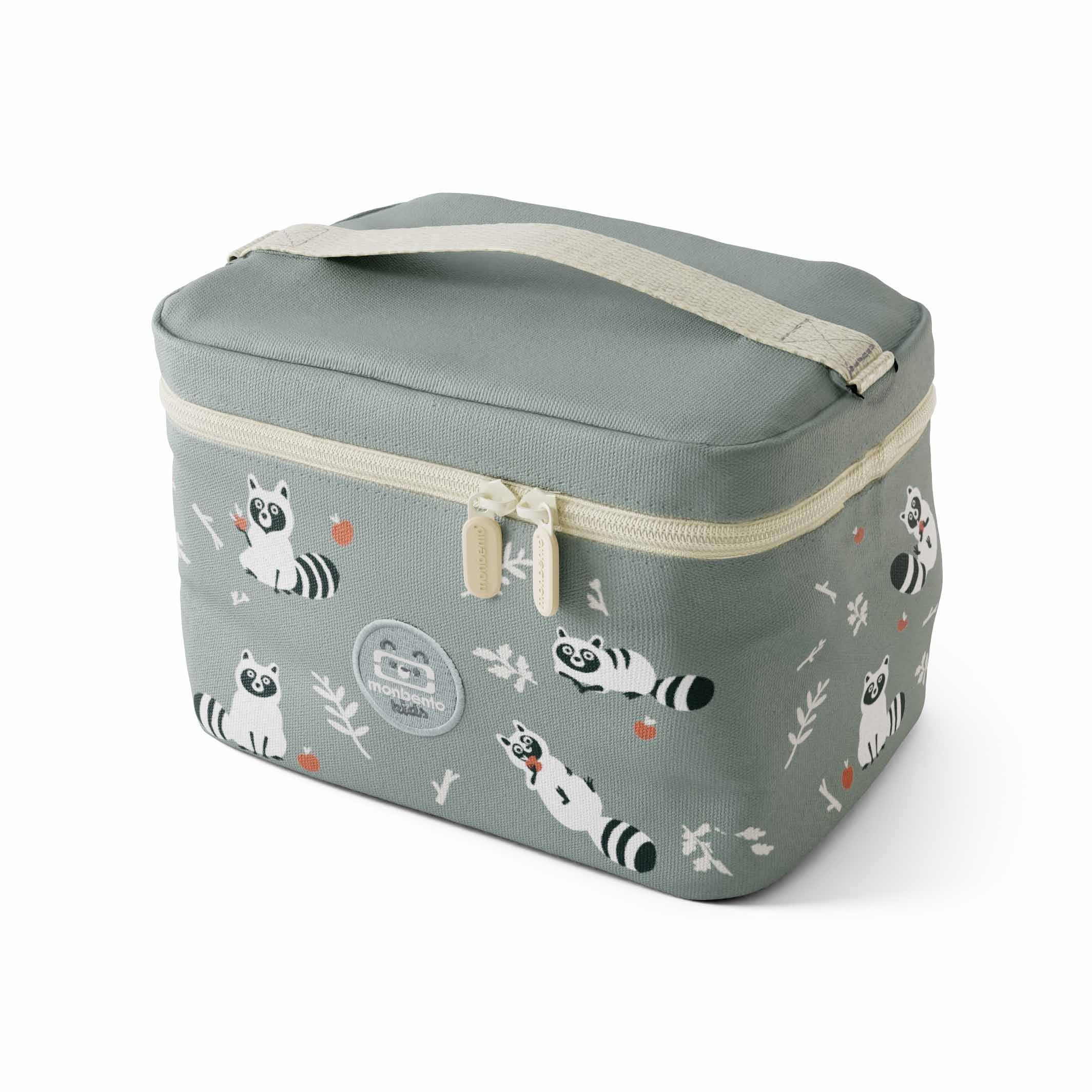 Seitliche Ansicht der MonBento Frosty Waschbär Lunchbox – isolierte Kinder Bentobox aus robustem, pflegeleichtem Material.