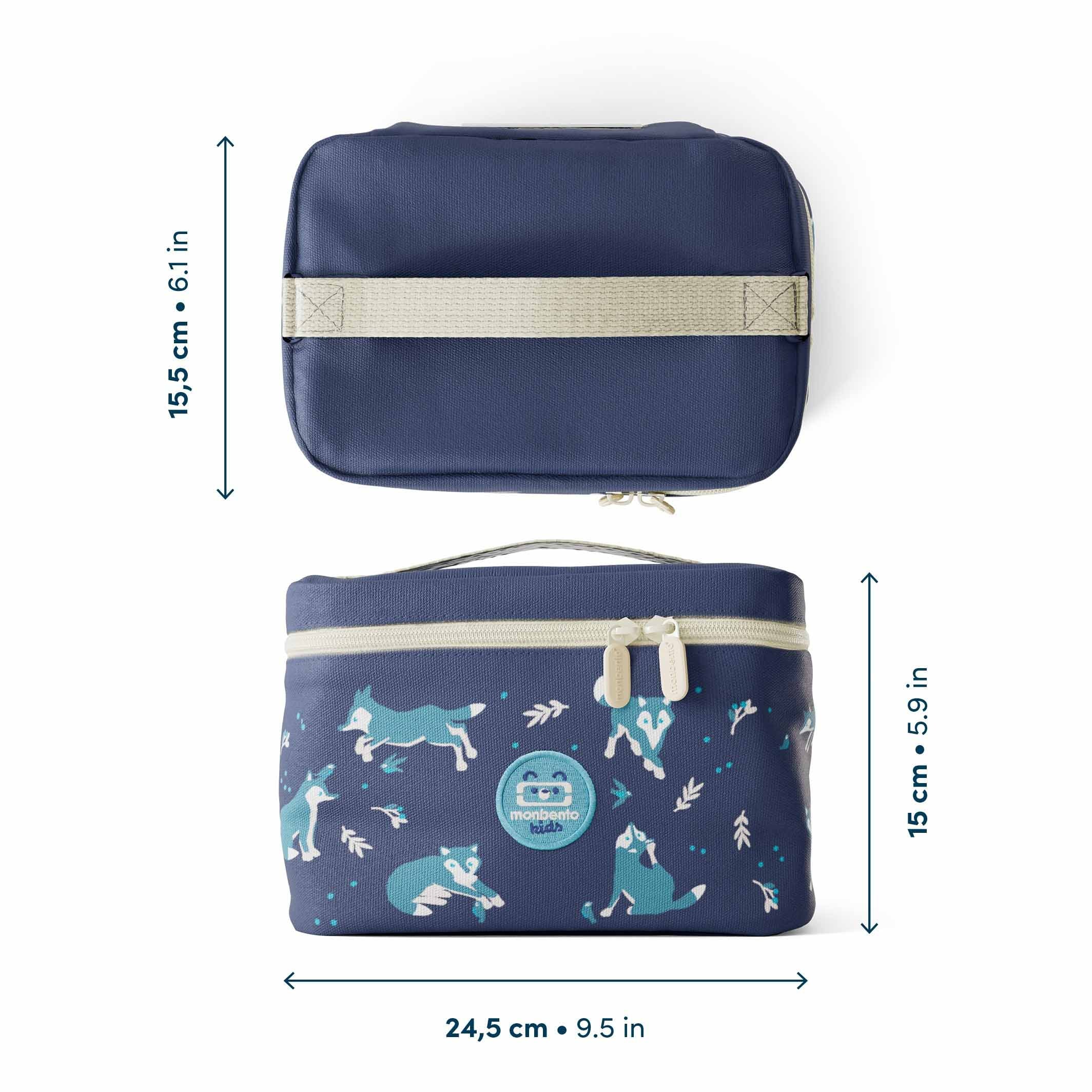 Maße der MonBento Frosty Lunchbox Wolf – kompakte, isolierte Bentobox für Kinder, perfekt für Rucksack oder Schultasche.