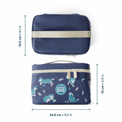 Maße der MonBento Frosty Lunchbox Wolf – kompakte, isolierte Bentobox für Kinder, perfekt für Rucksack oder Schultasche.