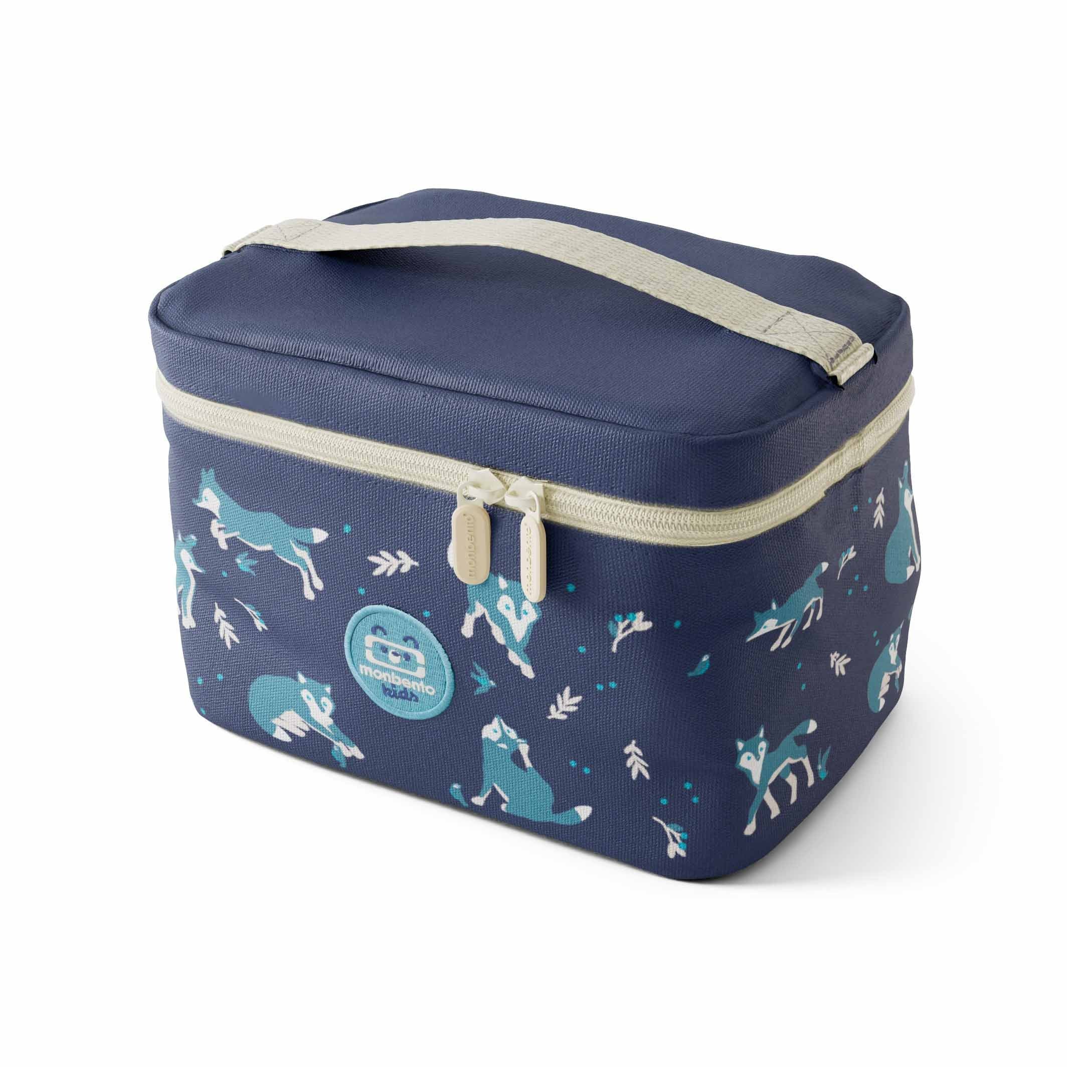 Seitliche Ansicht der MonBento Frosty Lunchbox Wolf – langlebige, isolierte Kinder Bentobox mit rutschfestem Boden.