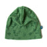 Waldgrüne Kinderhaube aus Merinowolle und Seide mit verspieltem Fuchs-Motiv, weich, temperaturausgleichend und nachhaltig gefertigt, auf weißem Hintergrund