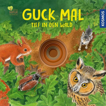 Buchcover „Guck mal – Tief in den Wald“ mit Waldtieren wie Eichhörnchen, Wolf, Käfer und Eule rund um ein Guckloch in der Mitte.