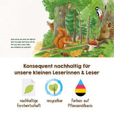 Buchseite mit Eichhörnchen und Specht im Wald, dazu Nachhaltigkeitshinweise unter der Seite.