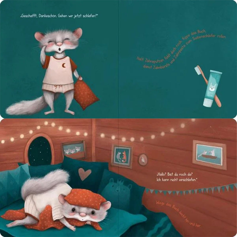 Zwei weitere Szenen. Oben gähnt der müde Siebenschläfer mit seinem Kissen – er ist bereit fürs Bett. Daneben wird daran erinnert, dass noch Zähneputzen fehlt. Unten liegt er schließlich gemütlich im Bett, mit Mütze und Decke, und sagt: „Hallo? Bist du noch da? Ich kann nicht einschlafen.“