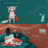 Zwei weitere Szenen. Oben gähnt der müde Siebenschläfer mit seinem Kissen – er ist bereit fürs Bett. Daneben wird daran erinnert, dass noch Zähneputzen fehlt. Unten liegt er schließlich gemütlich im Bett, mit Mütze und Decke, und sagt: „Hallo? Bist du noch da? Ich kann nicht einschlafen.“