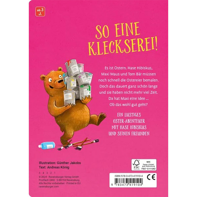 Buchrückseite: Tom Bär trägt Farbtöpfe, daneben Pinsel und Farbe; Text kündigt ein lustiges Osterabenteuer über ein Missgeschick beim Eierbemalen an.