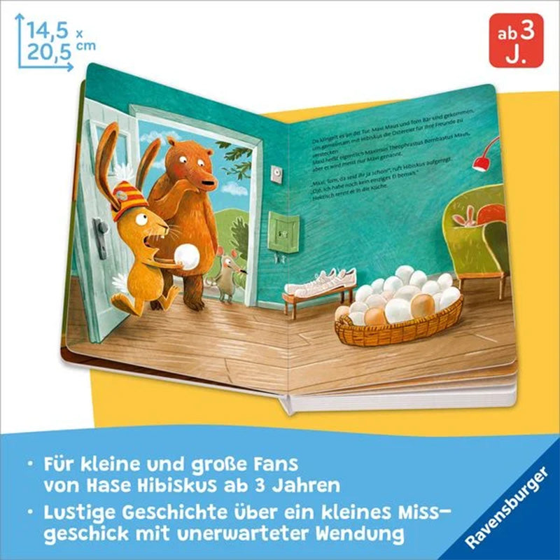 Buchseiten: Hase Hibiskus bringt Eier zum Bären Tom und seiner Freundin Maus; gemeinsam bereiten sie das Osterfest vor.