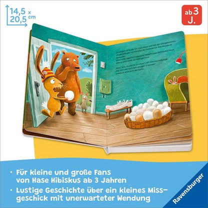 Buchseiten: Hase Hibiskus bringt Eier zum Bären Tom und seiner Freundin Maus; gemeinsam bereiten sie das Osterfest vor.