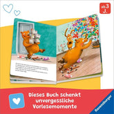 Buchseiten: Tom Bär stolpert mit Farbtöpfen, alles kleckert herum – eine bunte Szene voller Farbe und Chaos.