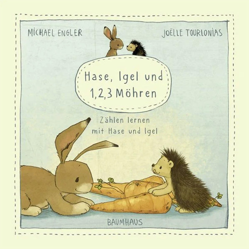Buchcover von „Hase, Igel und 1, 2, 3 Möhren“. Ein Hase und ein Igel sitzen vor drei großen Möhren und schauen sich an.