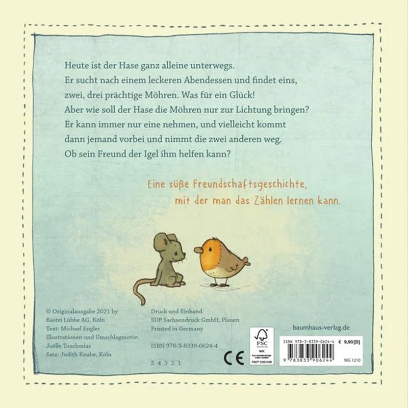 Buchrückseite. Eine kurze Inhaltsbeschreibung mit einer Maus und einem Vogel, die nebeneinander sitzen.