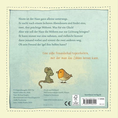 Buchrückseite. Eine kurze Inhaltsbeschreibung mit einer Maus und einem Vogel, die nebeneinander sitzen.