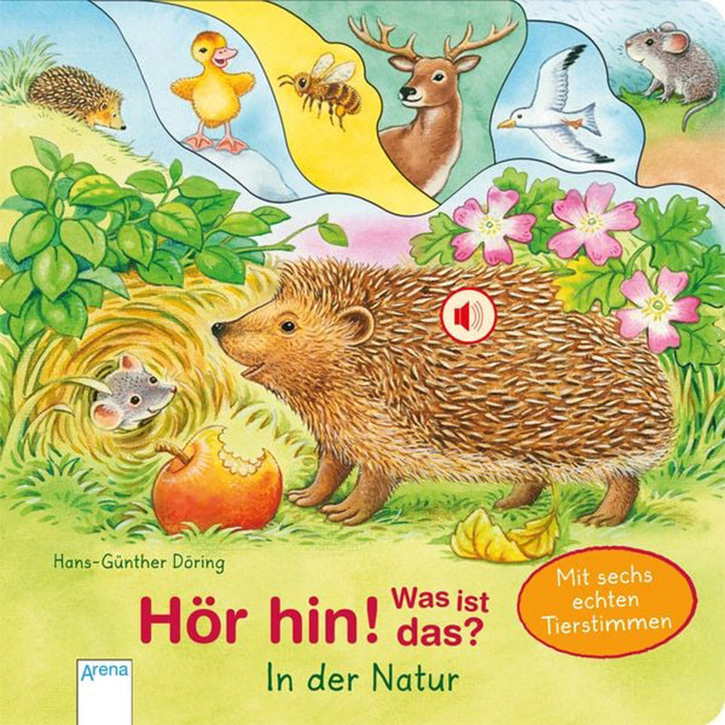 Buchcover von „Hör hin! Was ist das? In der Natur“. Ein Igel steht im Gras neben einem angebissenen Apfel, im Hintergrund Pflanzen und kleine Tiere.