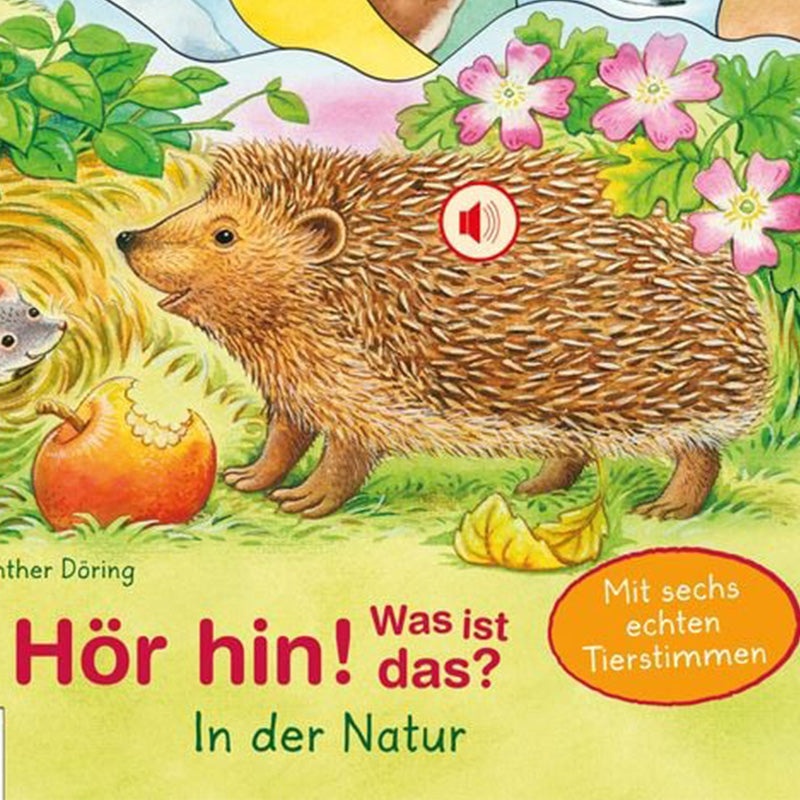 Buchcover-Ausschnitt von „Hör hin! Was ist das? In der Natur“. Nahaufnahme des Igels mit Lautsprecher-Symbol auf dem Rücken.