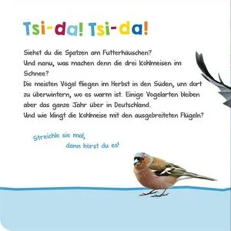 Buchseite: TSI-da! Tsi-da! Text über Spatzen im Winter und bild mit Info vom Spatz
