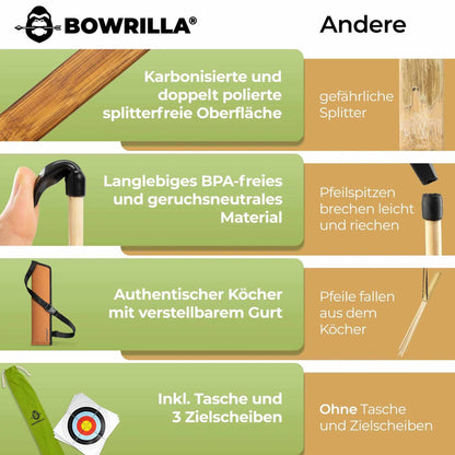 Holzbogen Set mit 10 Pfeilen, Köcher, 3 Zielscheiben