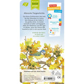 Illustration von Eichhörnchen-Geschichte mit Text, Eichenblätter und Eicheln mit einem Vogel, Banner mit Altersangaben und Symbolen, ISBN und Verlagsangaben Ravensburger
