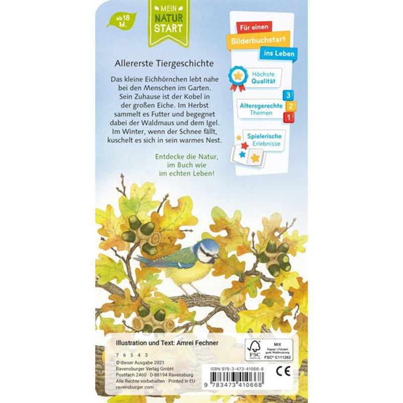 Illustration von Eichhörnchen-Geschichte mit Text, Eichenblätter und Eicheln mit einem Vogel, Banner mit Altersangaben und Symbolen, ISBN und Verlagsangaben Ravensburger
