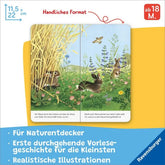 Illustration von Kaninchen im hohen Gras und auf einer Wiese mit Blumen, ein Vogel fliegt am Himmel. Text unten: „Wir flitzen durch den Garten und über die Wiese zum Wald. Der Hund bellt hinter uns her.“ und „Beeilt euch! Niemand darf uns sehen! Jetzt weiß ich, warum es beim Bauernhof gefährlich ist.“ Oben „Handliches Format 11,5 x 22 cm“, „ab 18 M.“ Unten blaue Fläche mit Text: „Für Naturentdecker – Erste durchgehende Vorlesegeschichte für die kleinsten – Realistische Illustrationen“, rechts Ravensburger-L