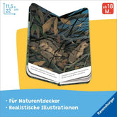 Illustration von kleinen Igeln in einem Nest unter Ästen bei Nacht, darunter Text mit Erzählung, blaue Fläche mit Aufschrift Für Naturentdecker und Realistische Illustrationen, Ravensburger Logo
