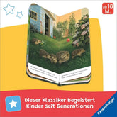 Illustration von Igeln, die im Garten nahe einem Haus unterwegs sind, Blumen und Pflanzen im Hintergrund, Text mit Erzählung am unteren Rand, roter Balken mit Schrift Dieser Klassiker begeistert Kinder seit Generationen, Ravensburger Logo
