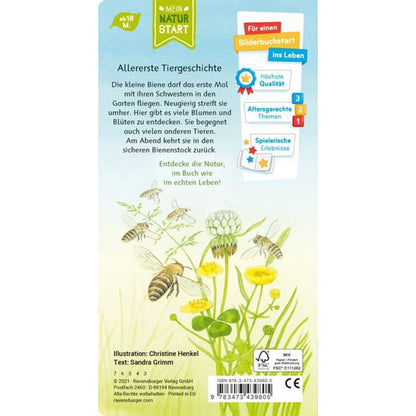 Illustration mit Bienen auf Blumenwiese, Text über eine kleine Biene, die die Natur entdeckt, Infos zu Altersgerechtigkeit, Qualität und Spielerlebnis, für Kinder ab 18 Monaten von Ravensburger.