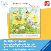 Buchseite mit Blumenwiese, Bienen, Schmetterling, Käfer und Marienkäfer auf gelbem Hintergrund, Text für Kinder ab 18 Monaten, Hinweise für Naturentdecker und Vorlesegeschichte von Ravensburger.