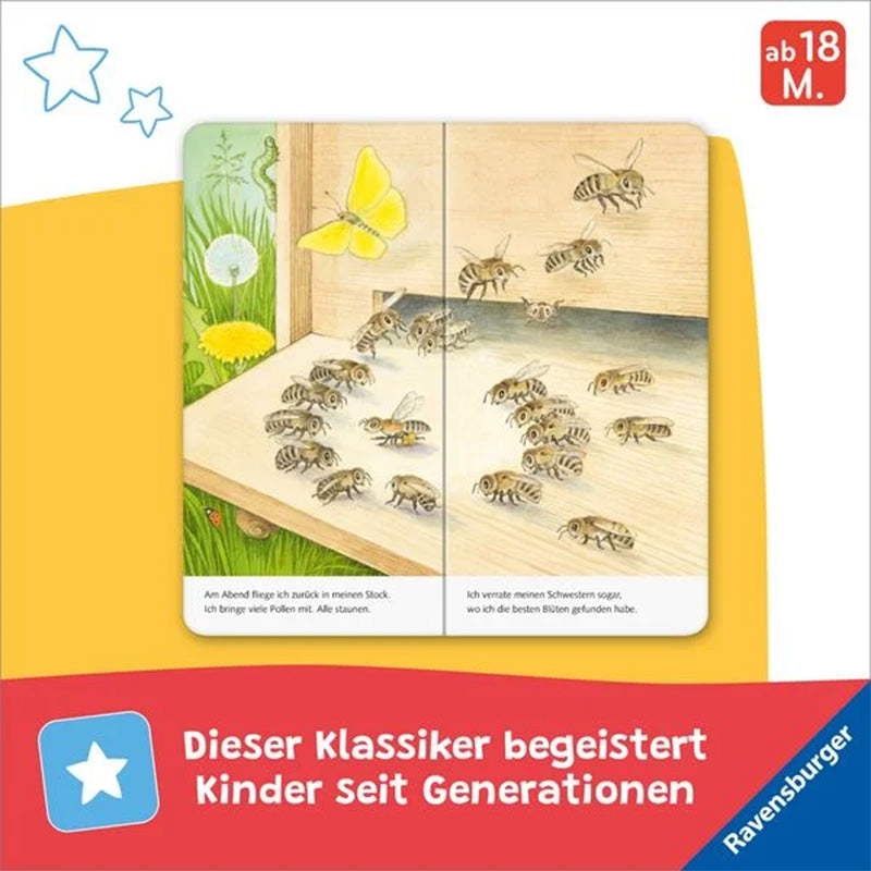Illustration von Bienen am Bienenstock mit gelbem Schmetterling, Text über Rückkehr mit Pollen, roter Balken mit Hinweis „Dieser Klassiker begeistert Kinder seit Generationen“, ab 18 Monaten, Ravensburger.
