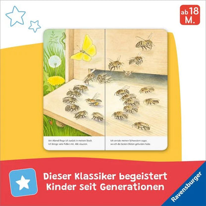 Illustration von Bienen am Bienenstock mit gelbem Schmetterling, Text über Rückkehr mit Pollen, roter Balken mit Hinweis „Dieser Klassiker begeistert Kinder seit Generationen“, ab 18 Monaten, Ravensburger.
