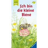 Buchcover mit der Aufschrift „Ich bin die kleine Biene“. Illustration einer Biene auf einer rosa Klee-Blüte, umgeben von gelben Blumen und grünen Gräsern. Oben links grünes Banner „Mein Natur Start“, oben rechts gelbes Symbol „ab 18 M.“, unten rechts Ravensburger-Logo.
