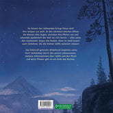 Buchrückseite mit Beschreibung des Inhalts. Der Text erklärt, dass das Buch Wolfsbabys auf ihrem Weg durch den ersten Lebensmonat begleitet. Im Hintergrund ist eine nächtliche Berglandschaft mit Bäumen und Sternenhimmel zu sehen.