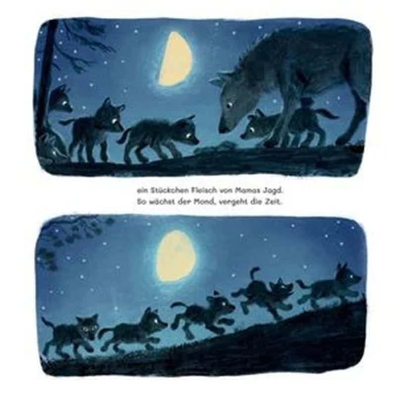 Doppelseite mit Wolfswelpen und ihrer Mutter. Die Welpen bekommen Futter von Mama Wolf und laufen anschließend gemeinsam im Mondlicht durch den Wald.