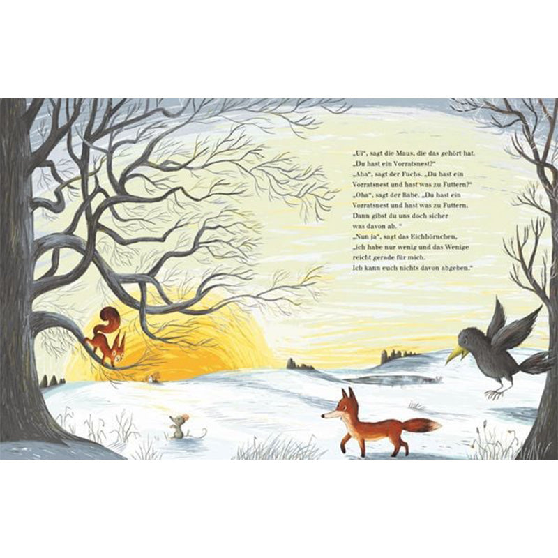 Buchseite: Fuchs, Maus, Rabe und Eichhörnchen treffen sich im Schnee bei Sonnenaufgang und sprechen über Vorräte für den Winter.