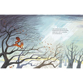 Buchseite: Das Eichhörnchen sitzt auf einem kahlen Ast, während der Fuchs und der Rabe unten im Schnee stehen – Wind weht durch den winterlichen Wald.