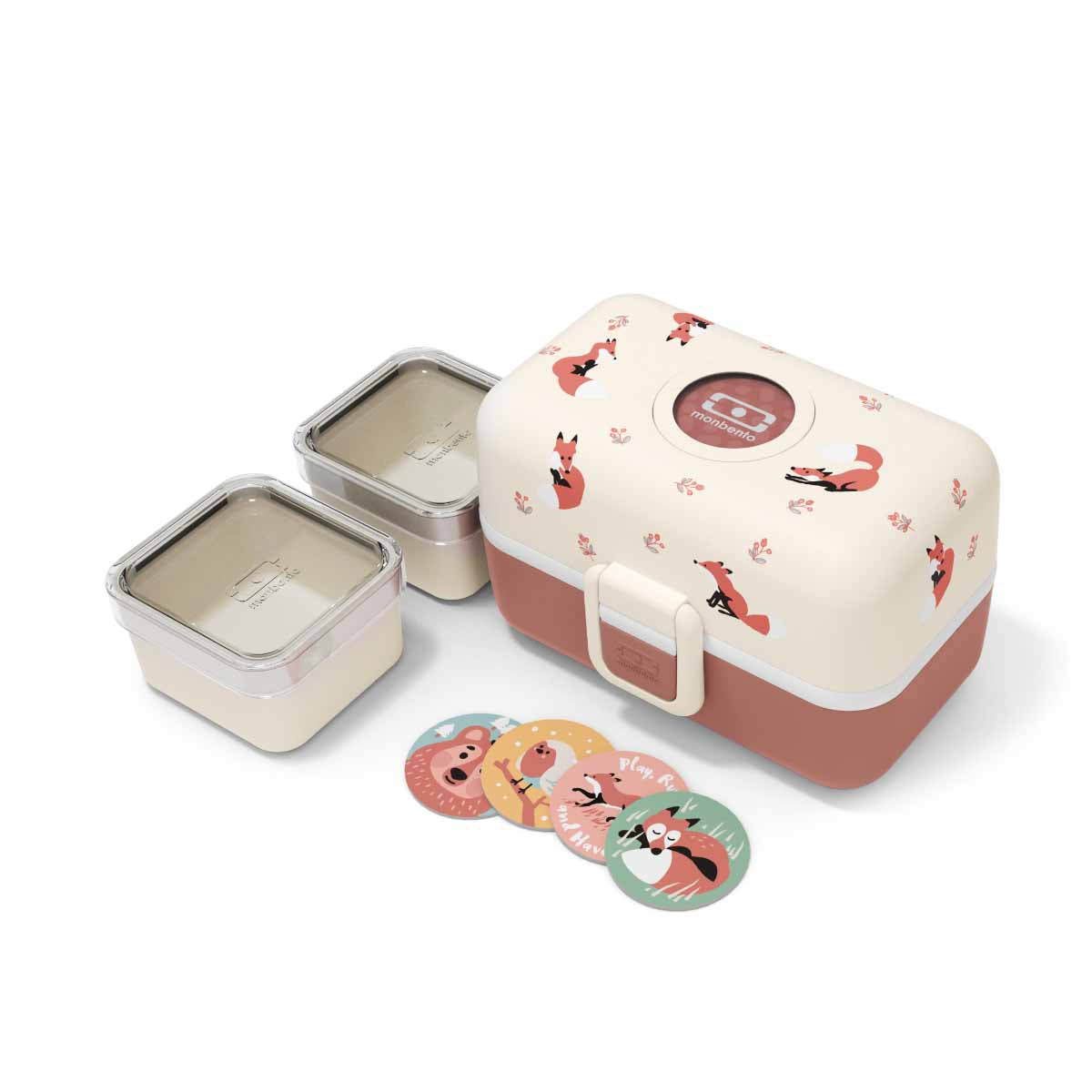 Geöffnete MonBento Tresor Füchse Lunchbox mit mehreren Fächern für eine ausgewogene Kinderjause.