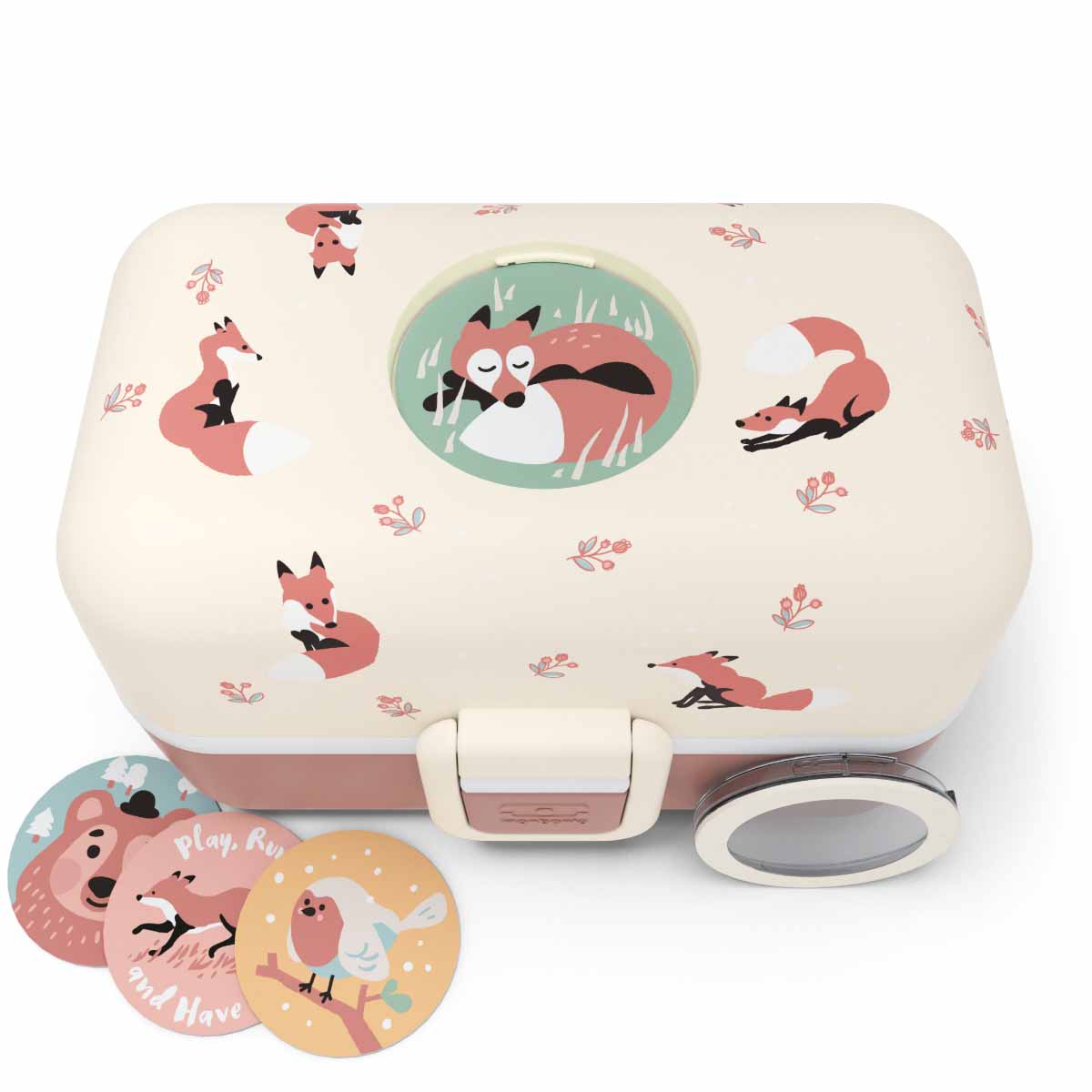 MonBento Tresor Füchse Jausenbox mit kreativen Buttons – personalisierbare Lunchbox für Kinder.