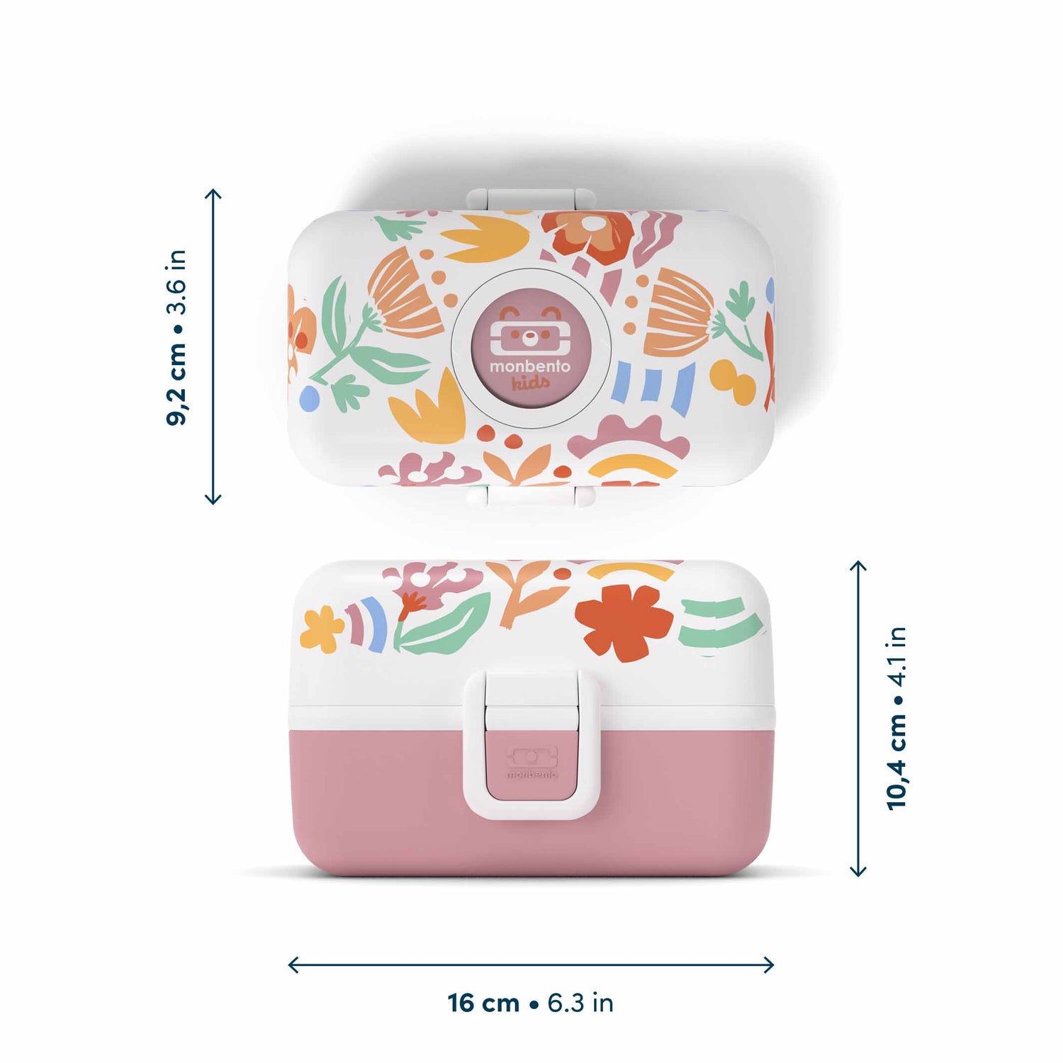 Ansicht der MonBento Tresor Bentobox Papercut – langlebige Kinder Lunchbox mit klarer Formensprache mit Angabe der Dimensionen