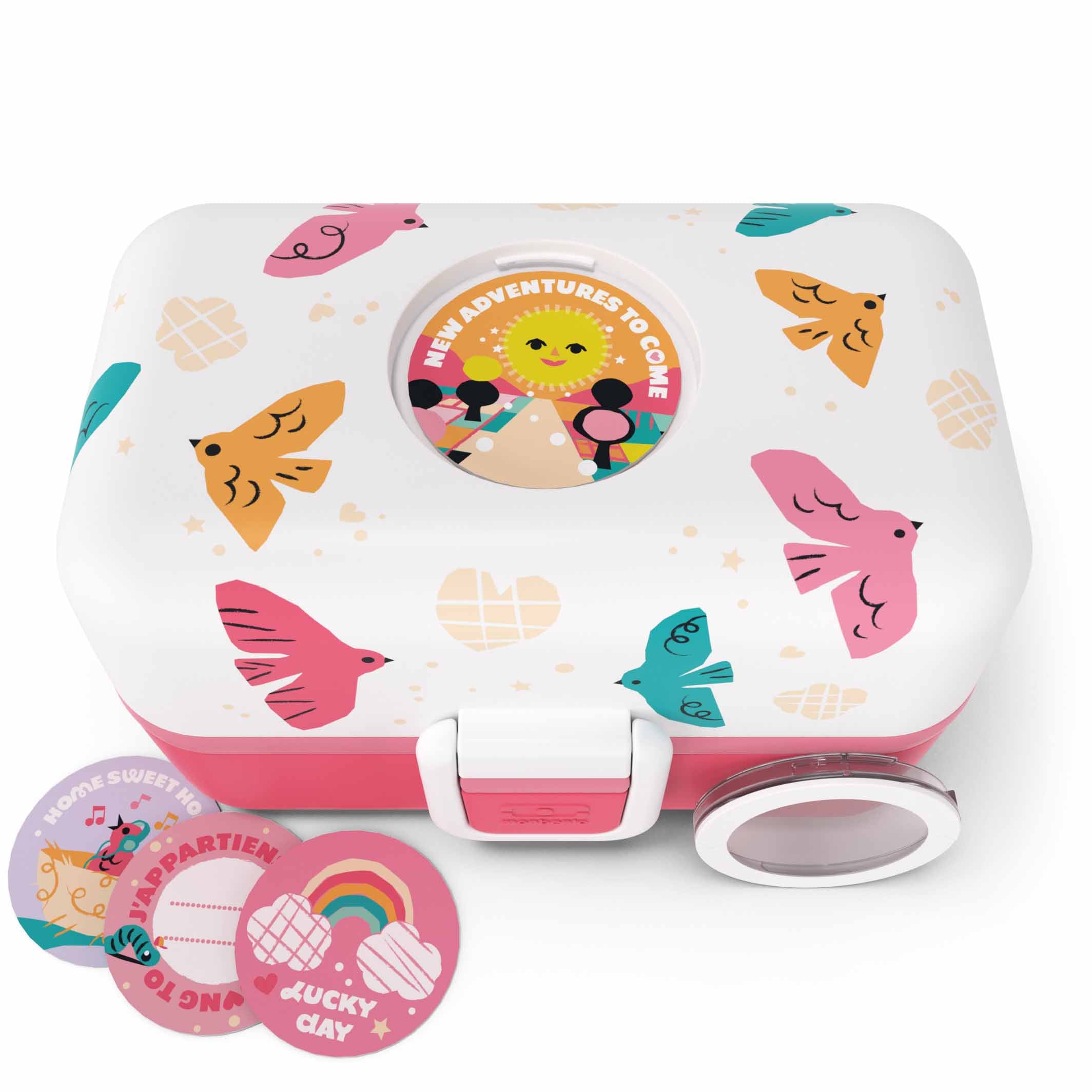 MonBento Tresor Vögel Jausenbox mit wechselbaren Buttons – kreative Lunchbox für Kinder mit Naturbezug.