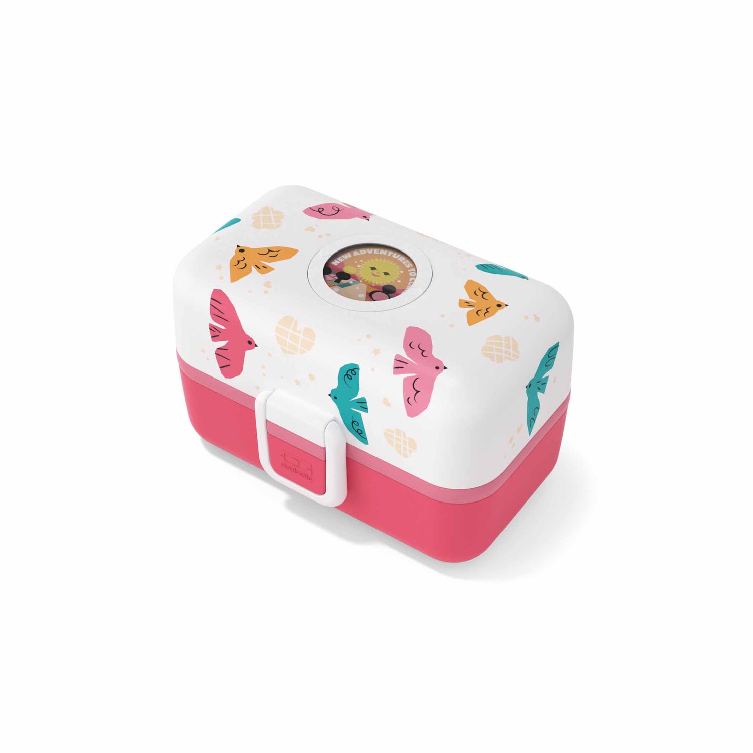 Seitliche Ansicht der MonBento Tresor Kinder Lunchbox Vögel – handlich, stabil und spülmaschinengeeignet.