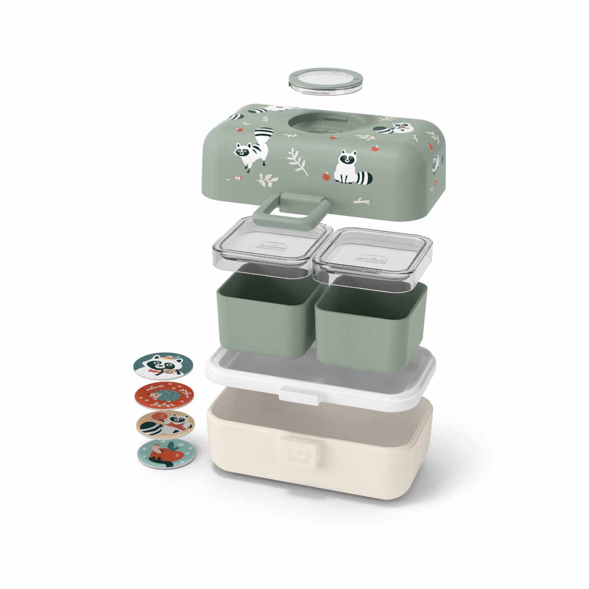 MonBento Tresor Waschbär Kinder Lunchbox, gefüllt mit gesunder Jause, ideal für Schule und Ausflüge.
