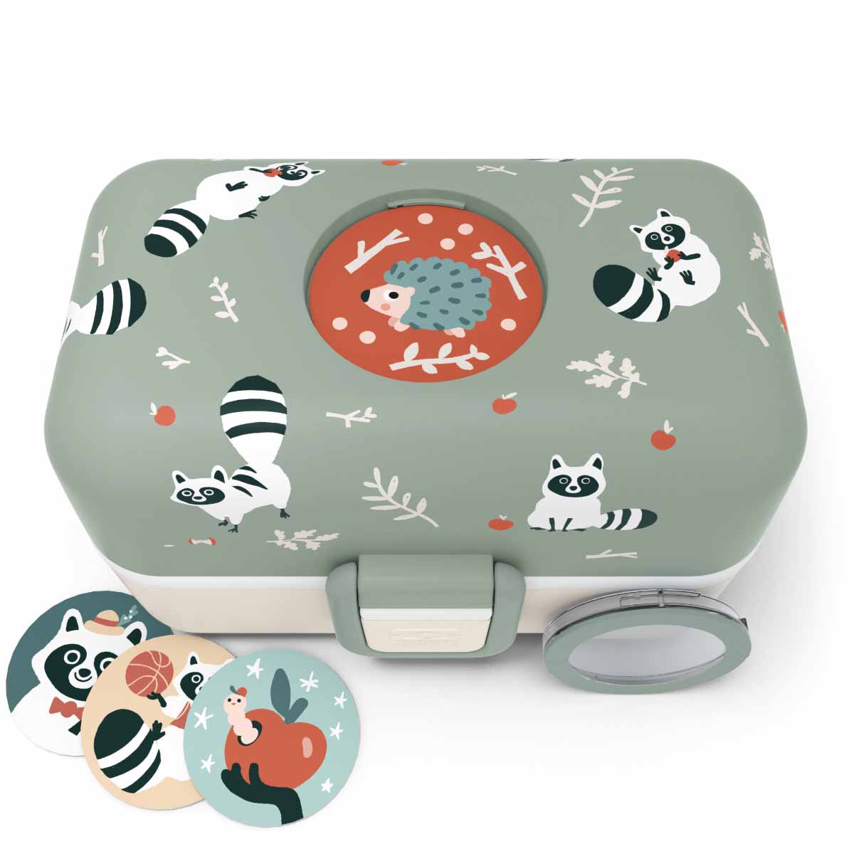 MonBento Tresor Waschbär Bentobox mit personalisierbaren Buttons – kreativ gestaltbare Kinder Jausenbox.