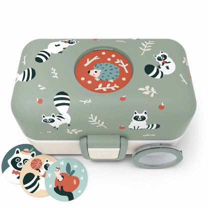 MonBento Tresor Waschbär Bentobox mit personalisierbaren Buttons – kreativ gestaltbare Kinder Jausenbox.