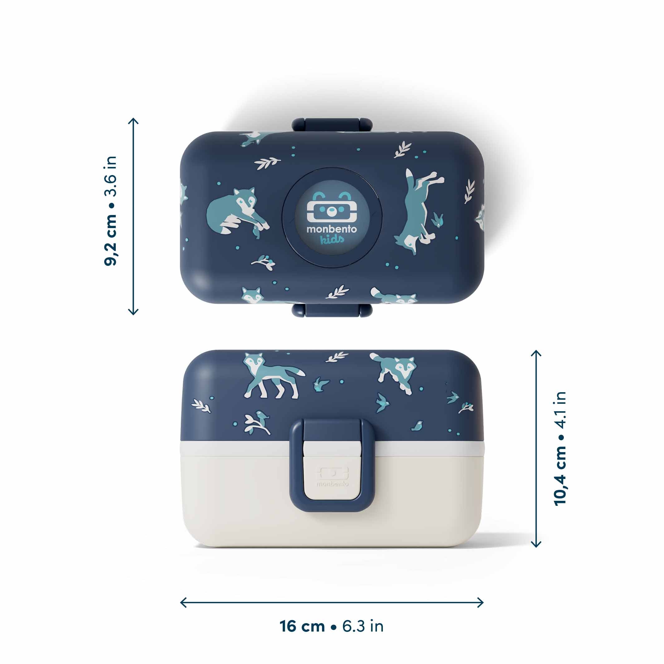 MonBento Tresor Kinder Jausenbox Wolf – stylische Bentobox mit coolem Wolfs-Motiv für kleine Abenteurer, mit Maßangaben